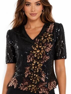 Vintage 80s Stenay Black Silk Sequin Beaded Evening Top Large Rose Gold Floral